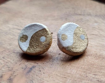 Yin & Yang Handmade Ceramic Earrings White and Gold