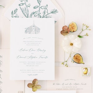 GEDRUCKTE individuelle Hochzeitseinladung, Design der längsten Zeit, klassische Hochzeitseinladung, Illustration des Veranstaltungsortes, Einladung zum Veranstaltungsort