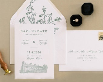 PRINTED Venue Illustration Save the Date, Save the Date, Venue Illustration, Digital Venue Sketch, Destination Wedding, Longest Time Design