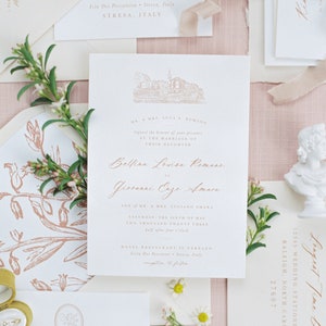 GEDRUCKTE individuelle Hochzeitseinladung, Design der längsten Zeit, klassische Hochzeitseinladung, Illustration des Veranstaltungsortes, Einladung zum Veranstaltungsort