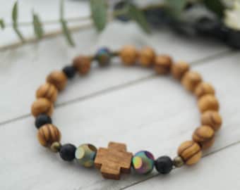 Bracciale Rosario In Legno D'Ulivo Fatto A Mano - Perline E Croce - Terra Santa (2 Pezzi)