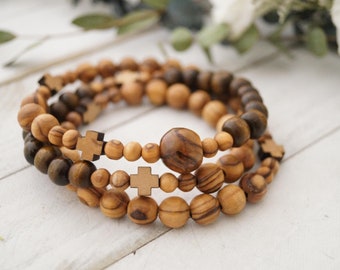 Handmade Full ROSARY Bracelet with Wood Cross Beads and Miraculous Medal St Anthony Bronze Medal Olive Wood Beads From Bethlehem UNISEX