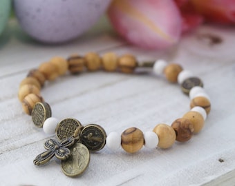 Handmade Rosary Olive Wood St. Benedict Miraculous Medal Bracelet Strechy from Bethlehem Handmade with Love! :)