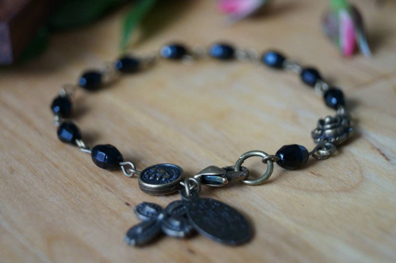 Rosary Bracelet Handmade Miraculous Medal Love Black Bronze Catholic