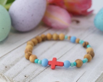 Handmade Catholic ROSARY Bracelet Olive Wood Beads from Bethlehem and Blue Wood and Glass Beads Red Cross