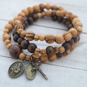 Handmade Full ROSARY Bracelet with Miraculous Medal St Anthony Bronze Medal and Olive Wood Beads From Bethlehem UNISEX