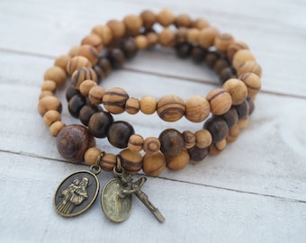 Handmade Full Olive Wood Rosary Bracelet UNISEX with Miraculous Medal Crucifix and Handmade St Joseph Color Medal