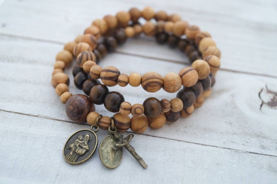 Handmade Olive Wood Bethlehem ROSARY Bracelet with Miraculous Medal St Anthony - UNISEX Style