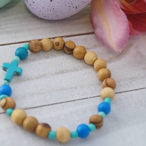 Handmade Rosary Bracelet Olive Wood From Bethlehem With Blue Wood Beads Elastic Made With Love! :)