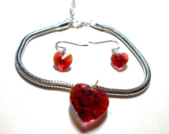 Swarovski Crystal "Padparadscha" Pendant Hndmade Bracelet and Earrings Set with Sterling Silver plated Chain and Earwires