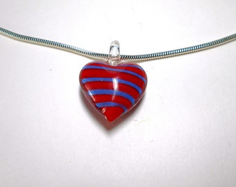 Thick "Fat" Red Glass Pendant with purple  stripes on Sterling Silver plated Handmade Necklace
