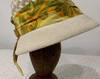 Vintage Cloche Hat, Cream 1950-60s Hat, Dramatic Hat, Retro Hat, Plastic Straw Hat, Green/Orange/Yellow Trim