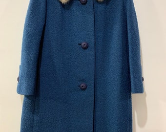 Vintage 50s/60s Blue Dress Length Coat, Fur Collar