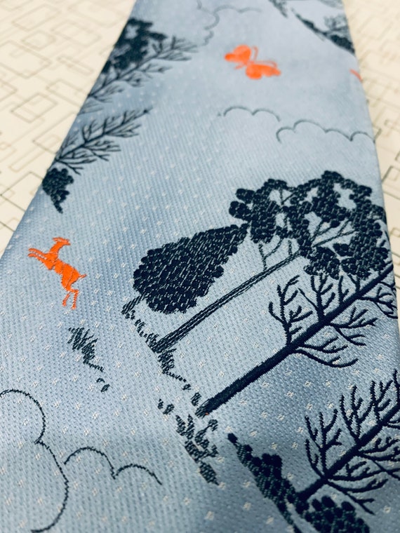 Vintage Necktie, Nature, Blue, Trees, Butterfly, … - image 5