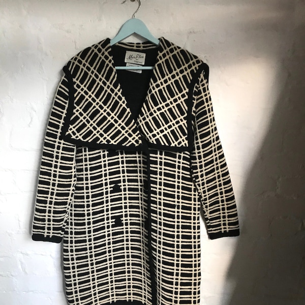 Vintage Monochrome Knitted 1960s ‘Mur Elen’ Wool Coat / Cardigan M/L