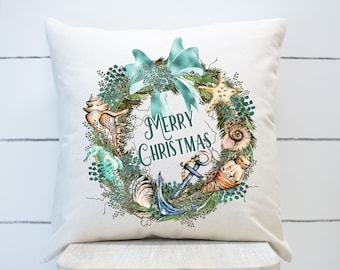 Christmas pillow cover, Beachy Christmas decor, Nautical pillow cover, Beachy Christmas pillow