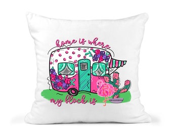 Camping pillow cover, camper pillow, home is where my flock is, fun camper pillow, girly camper pillow