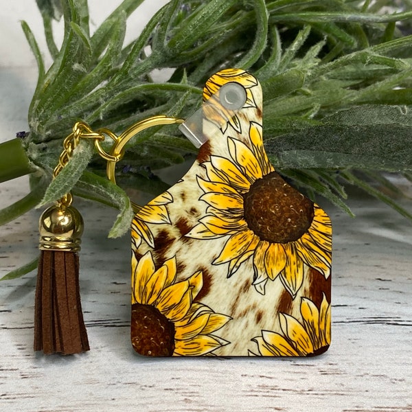 cow tag keychain, sunflower keychain, new driver gift, sunflower gift, fun keychain, cow print keychain