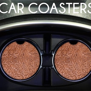 Leather look car coasters, embossed leather look car coasters, tooled leather print car coaster, western car coaster, rustic car coaster