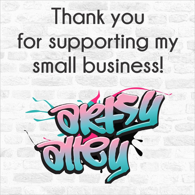 Op de afbeelding: Bedankt voor het steunen van mijn kleine bedrijf! Een roze en blauw graffiti-logo met de tekst "Dorky Diley".
