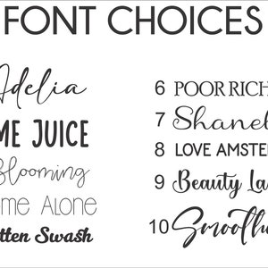 Op de afbeelding: Een lijst met 10 verschillende lettertypen, genummerd van 1 tot en met 10. Elk lettertype wordt weergegeven met een voorbeeldtekst, zoals "Adelia", "LIME JUICE", "Blooming", "Home Alone", "Kitten Swash", "POOR RICHARD", "Shanela", "LOVE AMSTERDAM", "Beauty Ladies" en "Smoothies".