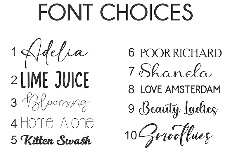 Op de afbeelding: Een lijst met 10 verschillende lettertypen, genummerd van 1 tot en met 10. Elk lettertype wordt weergegeven met een voorbeeldtekst, zoals "Adelia", "LIME JUICE", "Blooming", "Home Alone", "Kitten Swash", "POOR RICHARD", "Shanela", "LOVE AMSTERDAM", "Beauty Ladies" en "Smoothies".