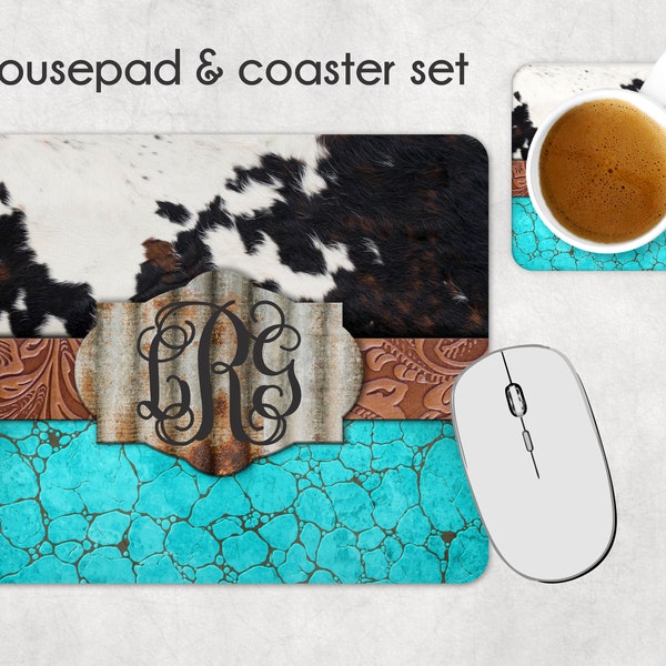 Mousepad, mousepad and coaster set, cow print mousepad, cow print coaster, cowhide mousepad, cowhide coaster, monogram mousepad, cow lover