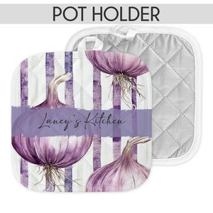 May include: A pair of pot holders with a purple onion design. One pot holder features a purple band with the text "Lancy's Kitchen" and a watercolor onion illustration. The other pot holder is white with a quilted pattern.
