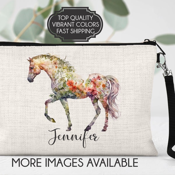 Horse makeup bag, horse cosmetic bag, horse bag, horse lover gift, horse purse, floral horse bag, boho horse gift, personalized horse gift