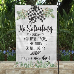 No soliciting flag, no soliciting garden flag, funny garden flag, housewarming gift, funny yard flag, fun garden flag, fun housewarming gift