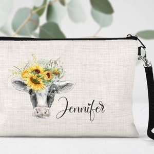 Cow makeup bag, cow and sunflower bag, cow lover gift, cow and sunflower makeup bag, bridesmaid gift, sunflower lover gift, sunflower cow