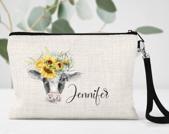 Cow makeup bag, cow and sunflower bag, cow lover gift, cow and sunflower makeup bag, bridesmaid gift, sunflower lover gift, sunflower cow