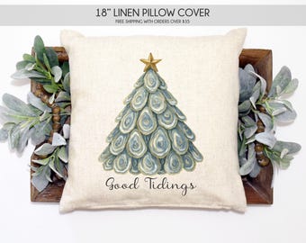 coastal Christmas  pillow, oyster shell Christmas tree, coastal Christmas decor, oyster Christmas pillow, nautical Christmas pillow