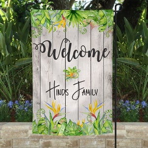Garden flag, summer garden flag, personalized garden flag, family name garden flag, floral flag, birds of paradise flag, tropical flag