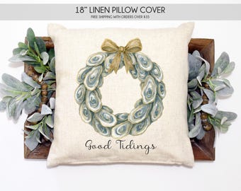 coastal Christmas  pillow, oyster shell Christmas wreath, coastal Christmas decor, oyster Christmas pillow, nautical Christmas pillow