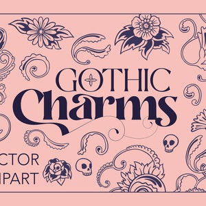 May include: A set of gothic style charms featuring floral designs, skulls, and swirls. The text "Gothic Charms" is written in a decorative font. The charms are in a dark blue color on a light pink background.