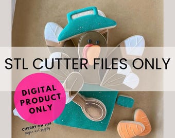May include: A digital download of STL cutter files for a Thanksgiving turkey cookie cutter. The image shows a decorated cookie in the shape of a turkey wearing a hat and holding a spoon. The cookie is surrounded by other cookies in the shape of turkey feathers and carrots. The text "STL CUTTER FILES ONLY" and "DIGITAL PRODUCT ONLY" is visible in the image.