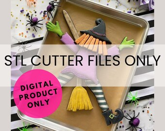 May include: A digital download of STL cutter files for a witch cookie cutter. The witch is depicted with a purple dress, black and white striped leggings, a black hat, and a yellow broom. The image shows the cookie cutter on a baking sheet with sprinkles.