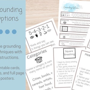 Grounding Options, Includes 7 Digital PDF Printable Worksheets. Grounding techniques, cards and posters, for anxiety, for stress, CBT