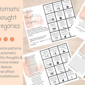 May include: A worksheet with a grid of 10 squares, each containing a different automatic thought pattern. The worksheet is titled "Automatic Thought Categories" and includes instructions for identifying and categorizing unhealthy thoughts. The worksheet is printed on a light pink background with a watercolor effect.