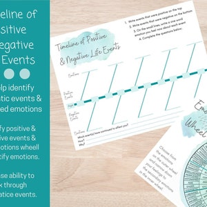 Zeitleiste der positiven und negativen Lebensereignisse Arbeitsblatt - Enthält Zeitleiste und Emotions Wheel Arbeitsblätter. 2 Digitale PDF Arbeitsblätter zum Ausdrucken