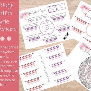 May include: A set of printable worksheets for couples to help identify and understand the conflict cycle in their relationship. The worksheets feature a pink and purple color scheme and include a circle diagram with the words "Marriage Conflict Cycle" and "Cycle Emotions".