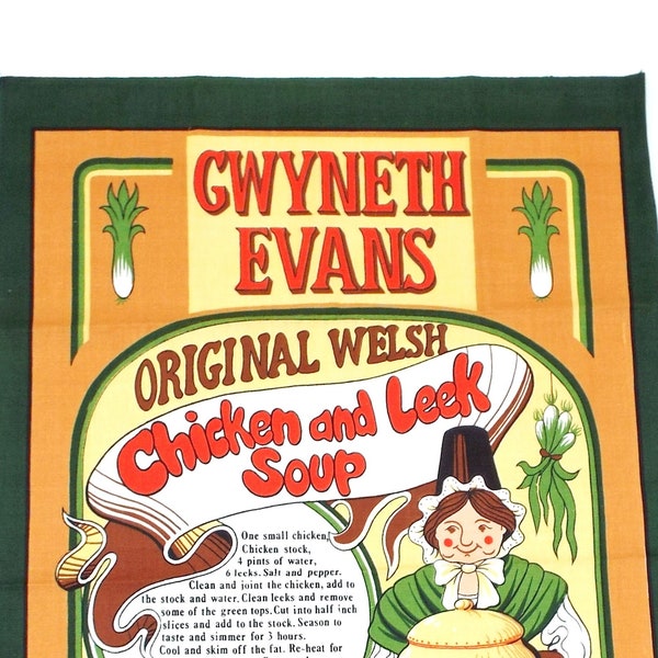 Welsh Soup Tea Towel - Chicken and Leek - Gwyneth Evans - Retro Kitchen Cotton Linen - Clive Mayor Tea Towel - Tywel Te -