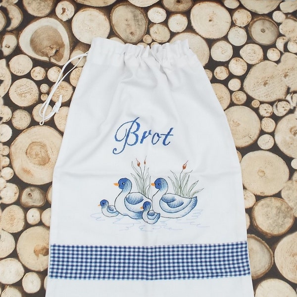 Bread Bag with Drawstring - German Brot - Fabric Storage - Embroidered Ducks Bag - Blue and White Kitchen Decor -