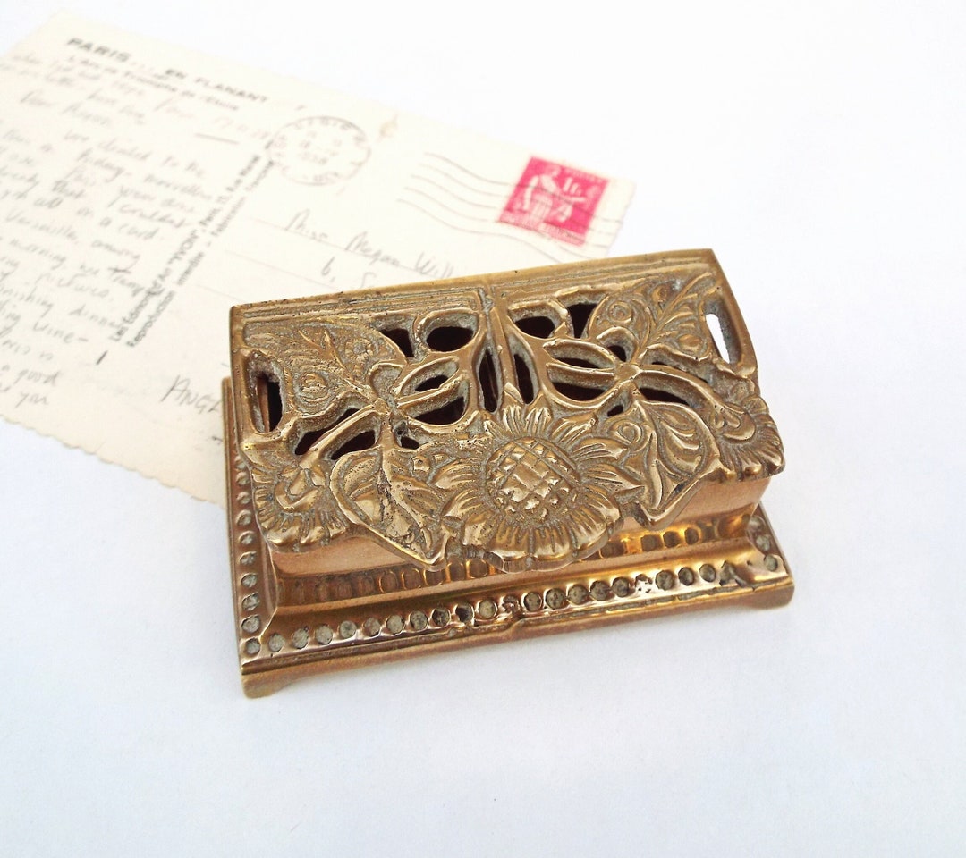 Brass Postage Stamp Box Vintage Desk Decor Footed Stamp Etsy