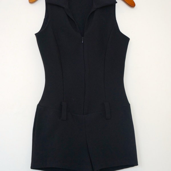 Free Ship / 1980s Vintage Black Zip-up Romper / Bond Girl Playsuit / Halloween Costume