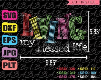 Pode incluir: Um arquivo de design digital para um design de strass que diz "Living my blessed life". O design está em um arco-íris de cores e mede 9,85 polegadas de largura e 5,83 polegadas de altura.