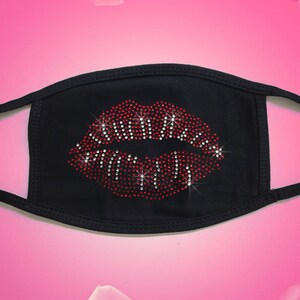 Rhinestone Face Mask - Kissable Red Lips Face Mask on Large Flat Mask - Breathable Washable Rhinestone Bling Love Valentine&#39;s Day Mask