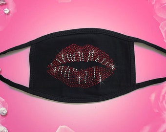 Rhinestone Face Mask - Kissable Red Lips Face Mask on Large Flat Mask - Breathable Washable Rhinestone Bling Love Valentine's Day Mask