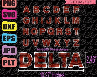 Könnte beinhalten: Eine digitale Design-Datei für ein Strass-Alphabet in Rot und Weiß. Die Buchstaben sind rot umrandet und mit weißen Strasssteinen gefüllt. Das Wort "DELTA" ist ebenfalls im Design enthalten. Das Design ist 10,27 Zoll breit und 2,46 Zoll hoch.